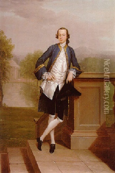 Portrait Of Richard Bull Leaning On A Balustrade With A Formal Graden And Rotunda Beyond Oil Painting - Arthur Devis