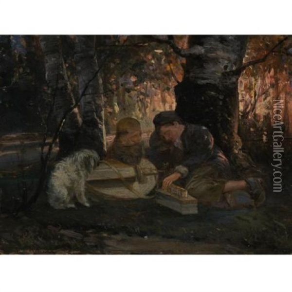 Children Playing Oil Painting - Valeriy Ivanovich Yakobi