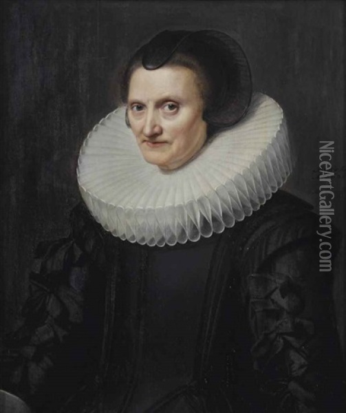 Portrait Of A Lady, Said To Be Elisabeth Berwaerts Van Crompvliet, Half-length, In A Black Dress With A 'molensteenkraag' And A Black Headdress Oil Painting - Michiel Janszoon van Mierevelt