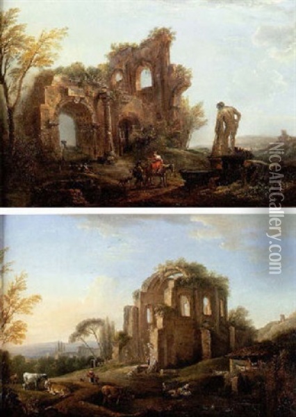 Vue De Ruines Dans La Campagne Italienne Avec L'hercule Farnese Oil Painting - Jean Baptiste Lallemand
