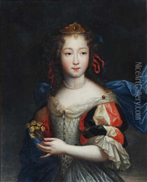 Portrait Of A Young Woman Holding A Posy Oil Painting - Pierre Mignard the Elder