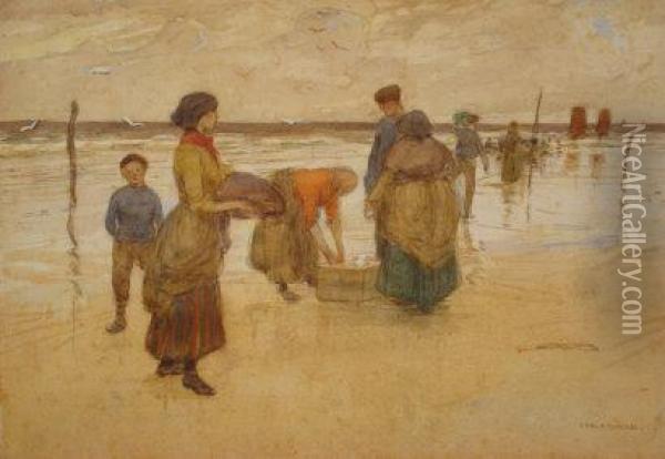 Yorkshire Fisher Folk On A Wet Sandy Beach Oil Painting - Ethel Kate Burgess