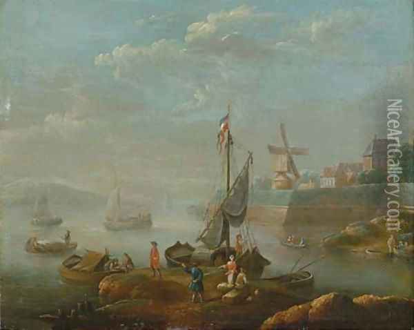 A river estuary with boats, a windmill beyond Oil Painting - Flemish School