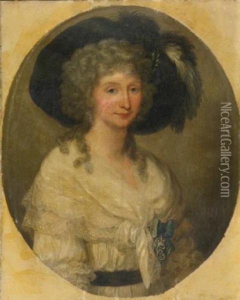 Portrait Of Baroness Von Bauer, Half Length, Wearing A White, Lace Dress And A Black Hat Oil Painting - Angelika Kauffmann
