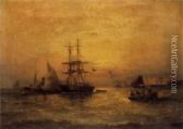 Off Portsmouth (#) Estuary Scene Oil Painting - Hubert Thornley