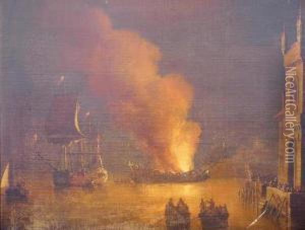 Ship Burning In A Harbor Oil Painting - Daniel van Heil