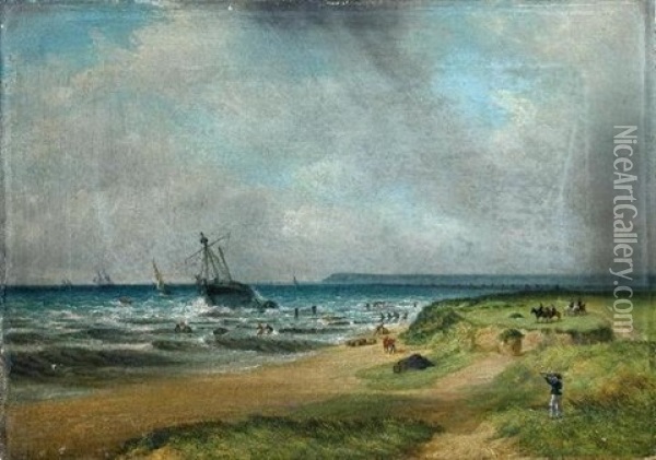 Figures In An Onshore Breeze (+ Salvaging A Wreck In Choppy Seas One; Pair) Oil Painting - S. S. David