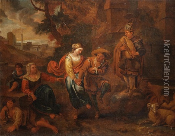 Figures Dancing And Merrymaking Before A Town Oil Painting - Dirk Helmbreker