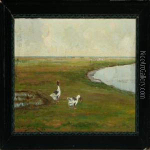 Grazing Geese In The Meadow Oil Painting - William Gislander