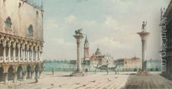 The Doge's Palace And The Piazzetta, San Giorgio Maggiorebeyond Oil Painting - Giovanni Grubacs