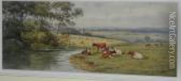 Cattle Resting By A River Oil Painting - Harold Lawes