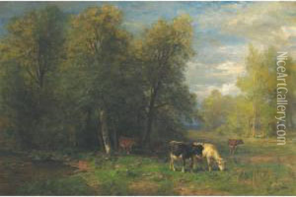 Cattle Grazing By A Woodland Pool Oil Painting - Thomas Bigelow Craig