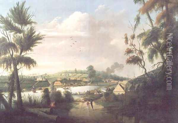 A direct north general view of Sydney Cove, 1794 Oil Painting - Thomas Watling