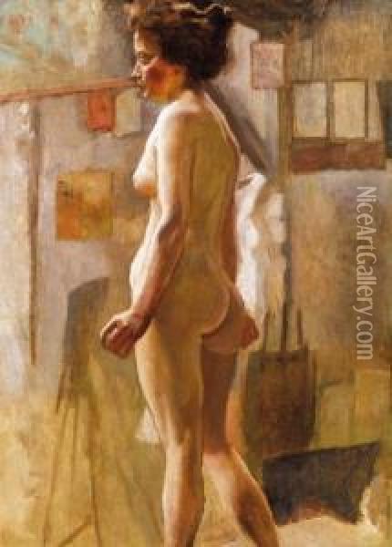 Nude In The Studio Oil Painting - Simon Hollosy