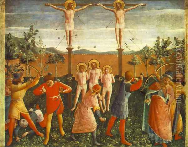 Saint Cosmas and Saint Damian Crucifixed and Stoned 1438 Oil Painting - Angelico Fra