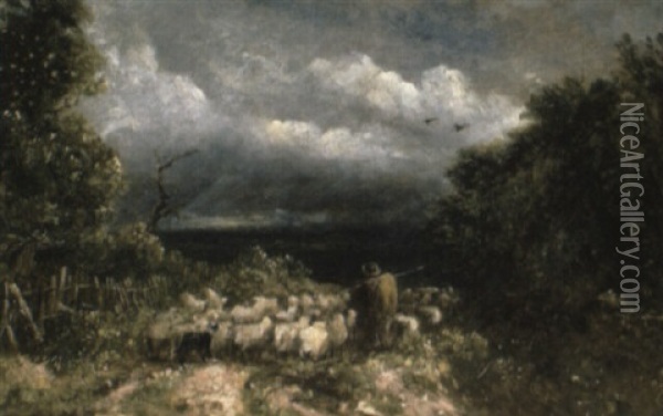 A Shepherd Herding His Flock Oil Painting - David Cox the Elder