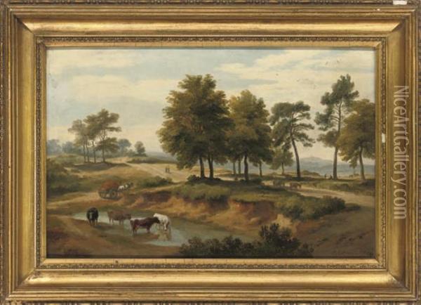 An Extensive Wooded River Landscape With Cattle Watering, Figureson A Path Beyond Oil Painting - Ramsay Richard Reinagle