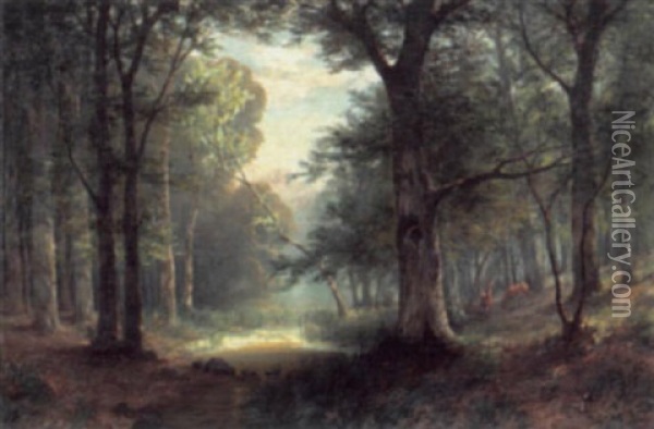 Waldlichtung Mit Bachlauf Und Rehen Oil Painting - Georg Sommer