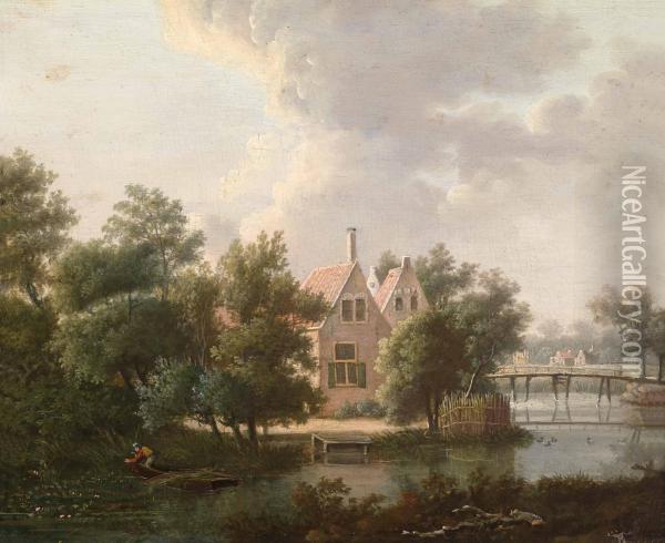 Hollandische Flusslandschaft Mit Einem Landhaus Unterbaumen Oil Painting - Anthonie Daniel Prudhomme