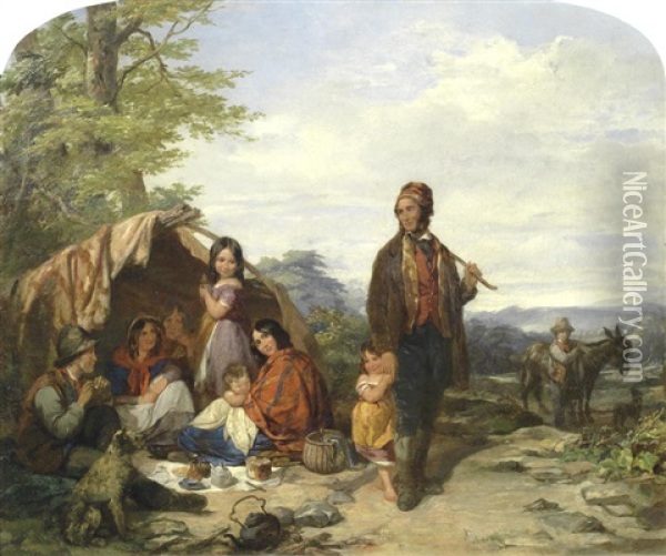 A Gypsy Encampment Oil Painting - James Curnock