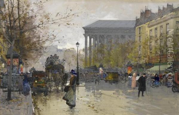 Autumn Day In Paris Near The Madeleine. Oil Painting - Eugene Galien-Laloue