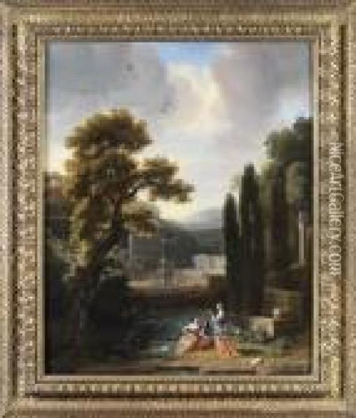 Elegants Et Pecheur Dans Un Paysage Classique Oil Painting - Isaac de Moucheron