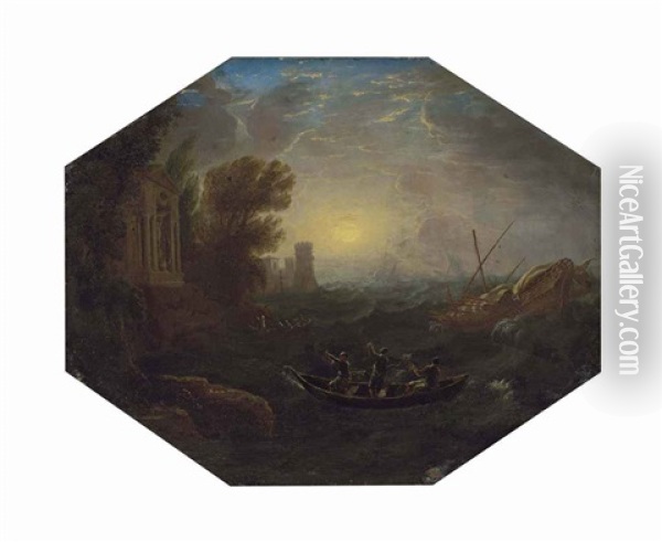La Tempete: A Mediterranean Costal Landscape With Rowing Boats And A Galley In Rough Seas, A Seaside Temple And A Tower, Other Vessels Beyond Oil Painting - Claude Lorrain