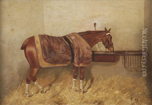A Bay Horse At A Manger In A Stable Interior Oil Painting - George Paice
