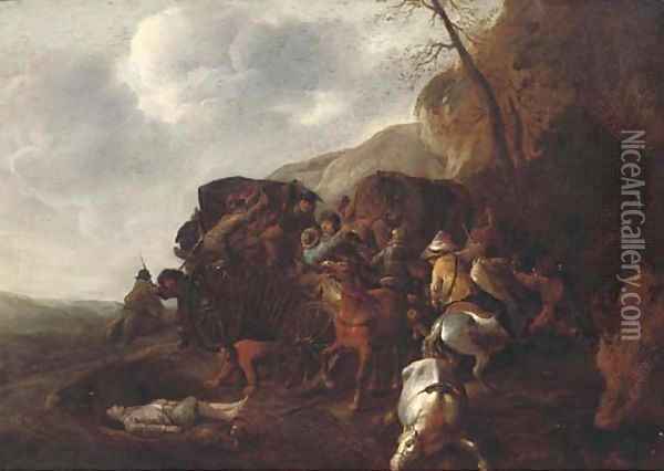 A wagon being ambushed on a mountain pass Oil Painting - Jan van Huchtenburg