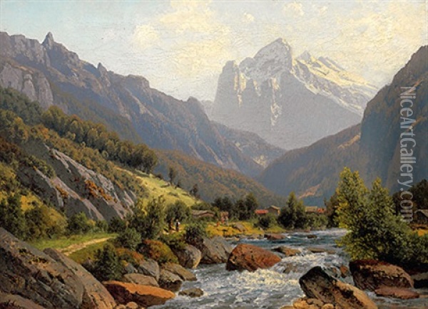 Blick In Besonntes Gebirgstal Mit Wildbach Und Aufragendem Massiv Oil Painting - Josef Schoyerer