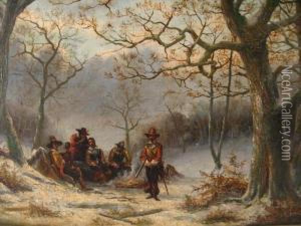 Hunters By Campfire In Forest Oil Painting - Adolph Alexander Dillens