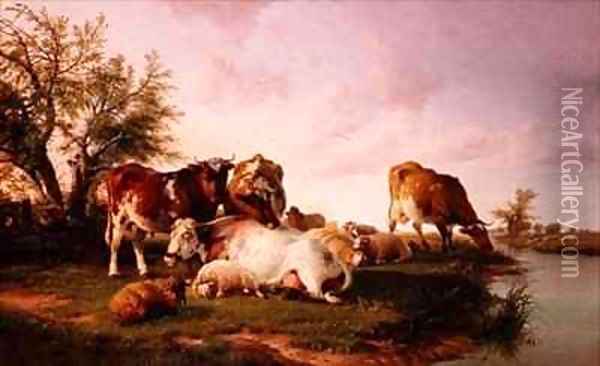 Sheep and Cattle Grazing by a Riverbank Oil Painting - Thomas Sidney Cooper