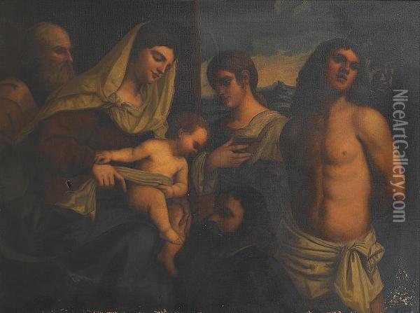 The Holy Family With Saints Sebastian And Catherine And A Donor Oil Painting - Sebastiano Del Piombo