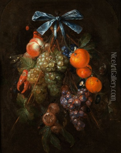 Stillleben Mit Fruchten An Einer Seidenschleife Hangend Oil Painting - Cornelis De Heem