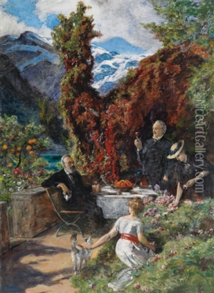 Gottfried Keller Und Conrad Ferdinand Meyer An Tafelrunde Vor Gebirgslandschaft Oil Painting - Ernst Stueckelberg