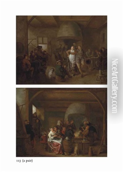 A Tavern Interior With A Bagpiper, A Couple Dancing, And Figures Playing Cards; A Tavern Interior With Figures Merrymaking And Carousing (pair) Oil Painting - Jan Miense Molenaer