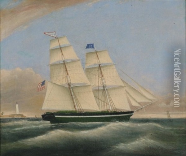 Brig Antares Off Boston Light Oil Painting - Clement Drew