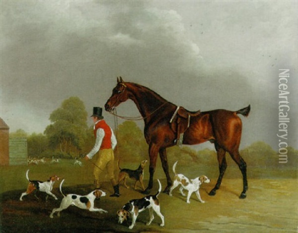 A Huntsman Leading A Bay Hunter, With Hounds Outside Kennels Oil Painting - Edwin Cooper