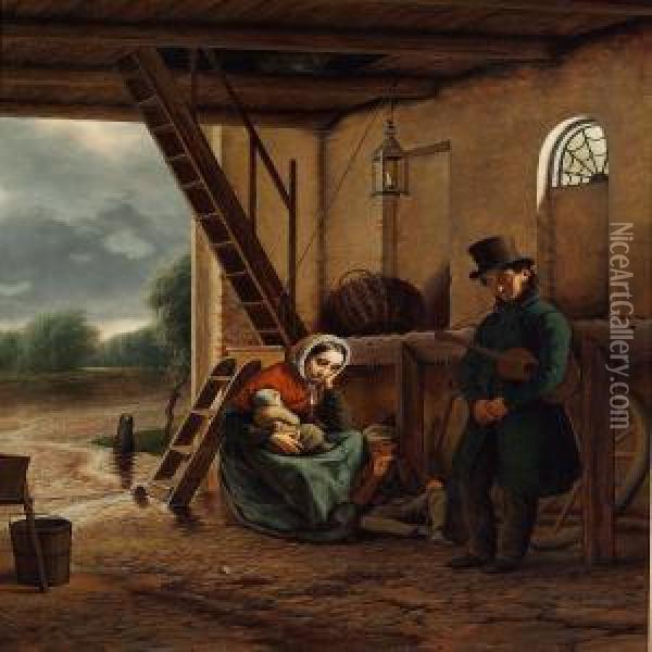 A Wandering Troubadour And His Family Seeking Shelter From The Rain Oil Painting - David Monies