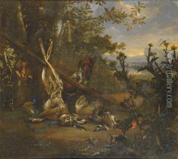Bodegon De Caza Con Perro, Conejo Y Aves Oil Painting - Cornelis van Lelienbergh