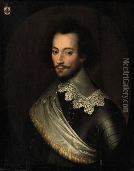 Portrait Of Charles De Rechignevoisin In Armor With A White Lace Collar And A White Sash Oil Painting - Gerrit Van Honthorst