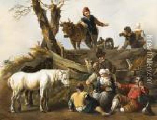 Reisende Und Rastende Bauern Oil Painting - Johannes Lingelbach