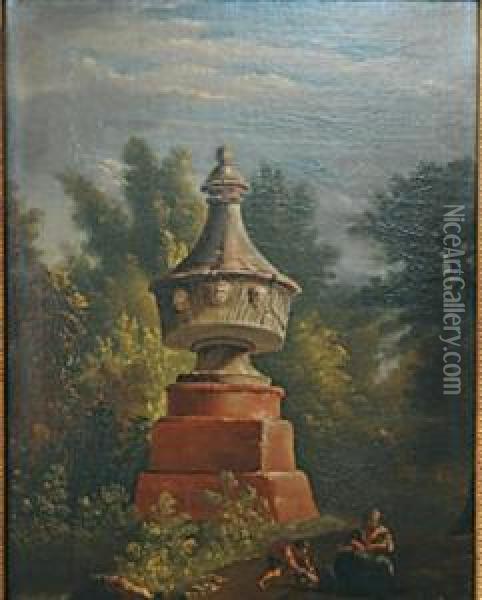 Mere Et Enfant Jouant Pres D'un Cenotaphe Oil Painting - Jacob Wilhelm Mechau