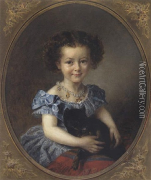 Portrait Eines Madchens Mit Hund Oil Painting - Felix-Francois-Barthelemy Genaille