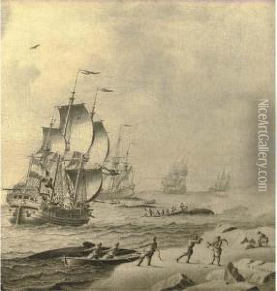 Whaling Ships In Rough Waters With Whale Hunters Bringing In Their Catch; En Grisaille Oil Painting - Adriaen Cornelisz. Van Salm