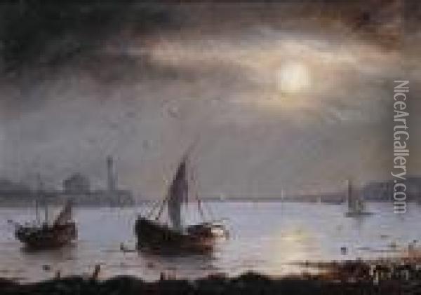 Petit Port Au Clair De Lune Oil Painting - Herminie Gudin