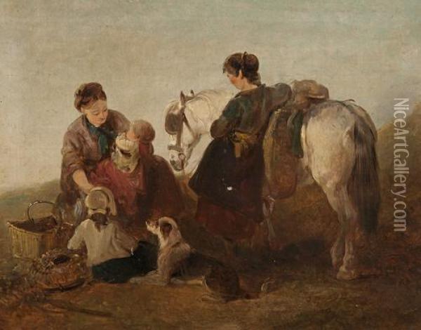 A Mother With Her Children, Dog And Pony By The Shore Oil Painting - Edward Robert Smythe