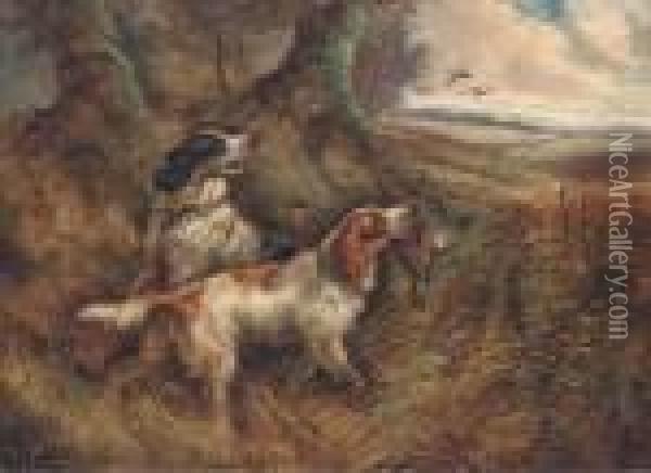 Gundogs With A Pheasant Oil Painting - Robert Cleminson