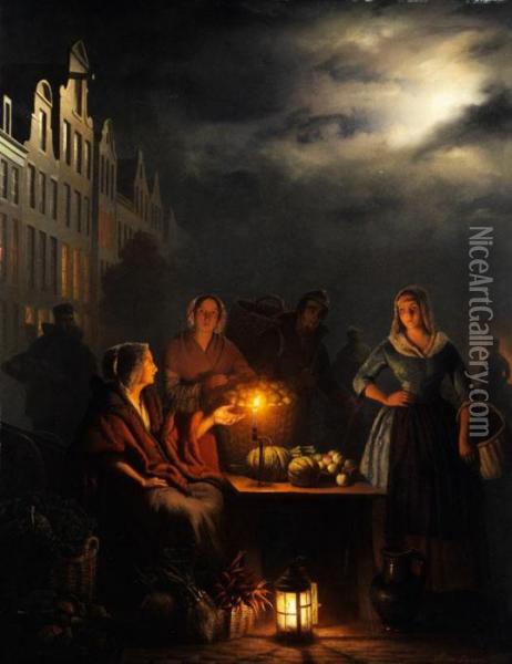 Nachtlicher Gemusemarkt Bei Kerzenlicht Oil Painting - Petrus van Schendel
