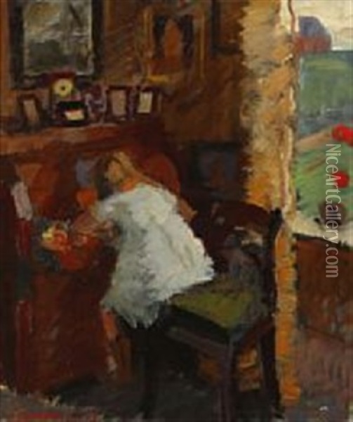 Girl Seated At The Desk Oil Painting - Axel Bredsdorff